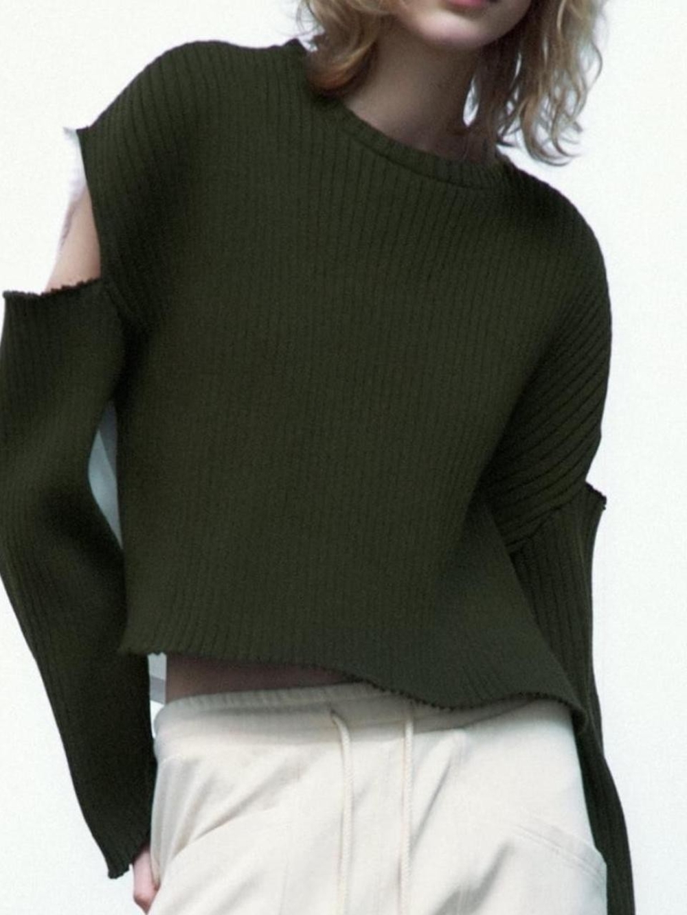Zara Olive Green Ribbed Cutout Crewneck Sweater
